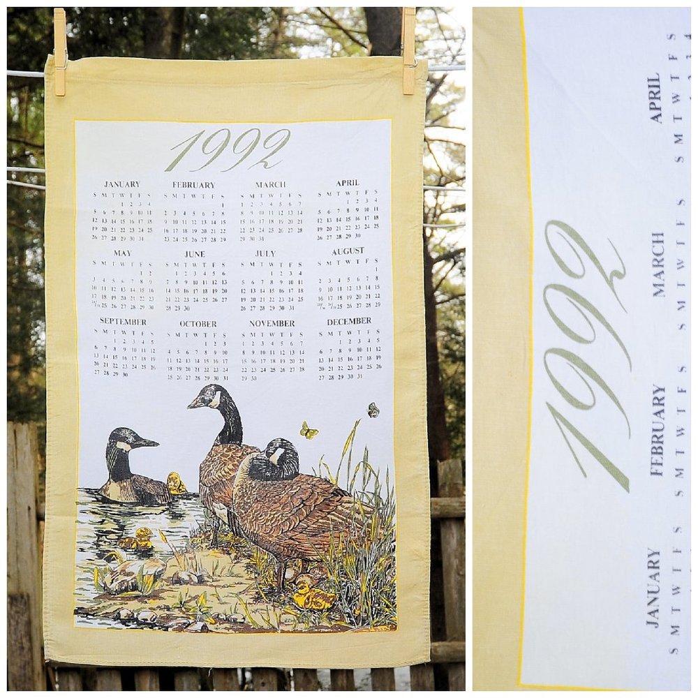 VTG 1992 Canada Goose, Geese on Lake Calendar Towel Muted Colors Birthday Gift